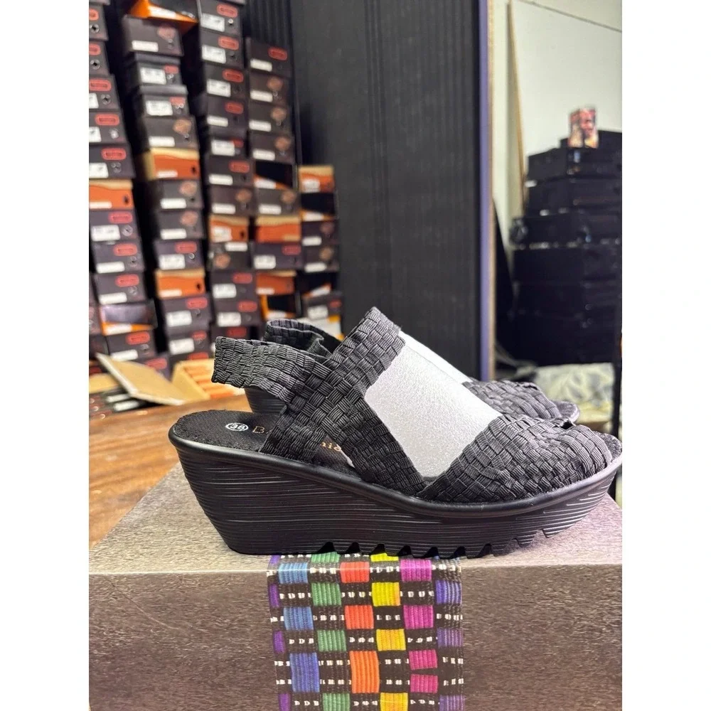 Bernie Mev Fame Black Woven Elastic Wedge Sandals Womens Size 38 US 7.5